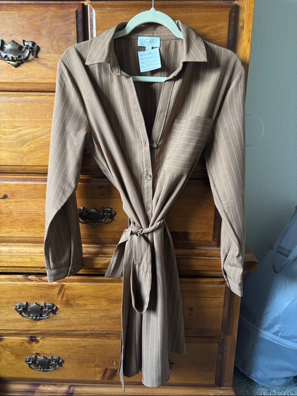 Gilli Tan Pinstripe Tie-Waist Long Sleeve Shirt Dress